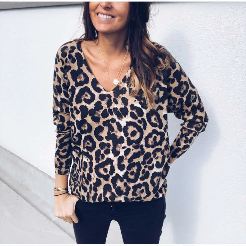 Maglietta allentata a maniche lunghe da donna con scollo a V con stampa leopardata da donna nuova Top di base Y0629