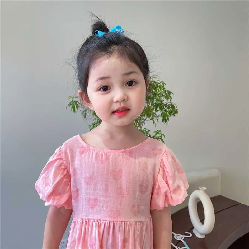 Style coréen été enfants filles robe rose amour coeur manches courtes bouffantes dos ouvert princesse enfants vêtements E9025 210610