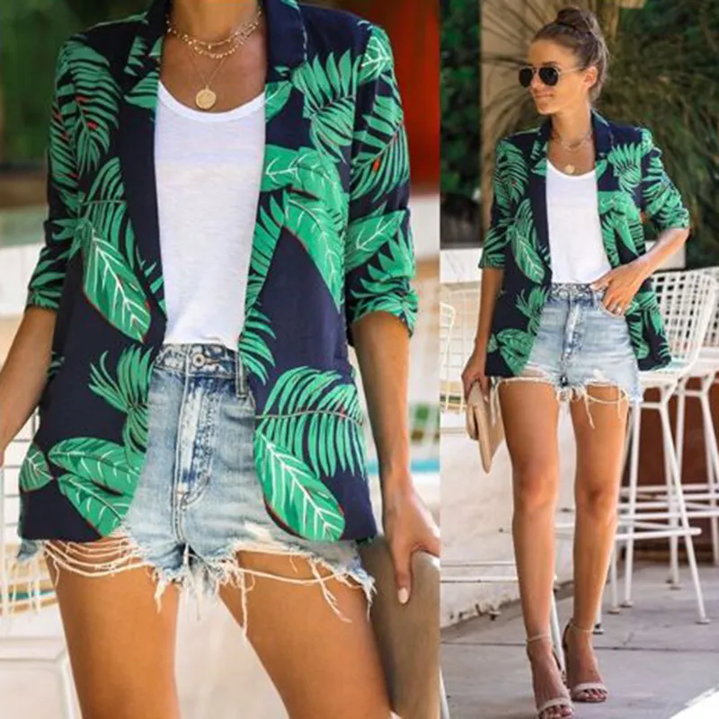 GetSpring Women Blazer Leaf Printed Green Coat Three Quarter Sleeve Single Breasted Women's Slim Suit Jacket Autumn 210524