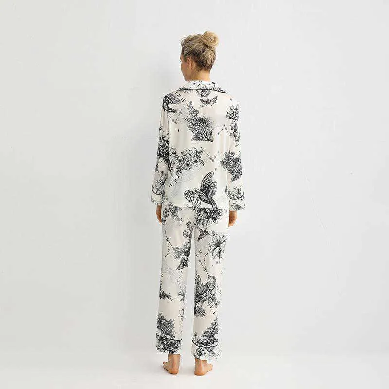 Maison Gabrielle Lente Zomer Gedrukt Zijde Satijn Pyjama Set Nachtkleding Loungewear Voor Dames Pyjama Femme 2 Stuks Lange 210809