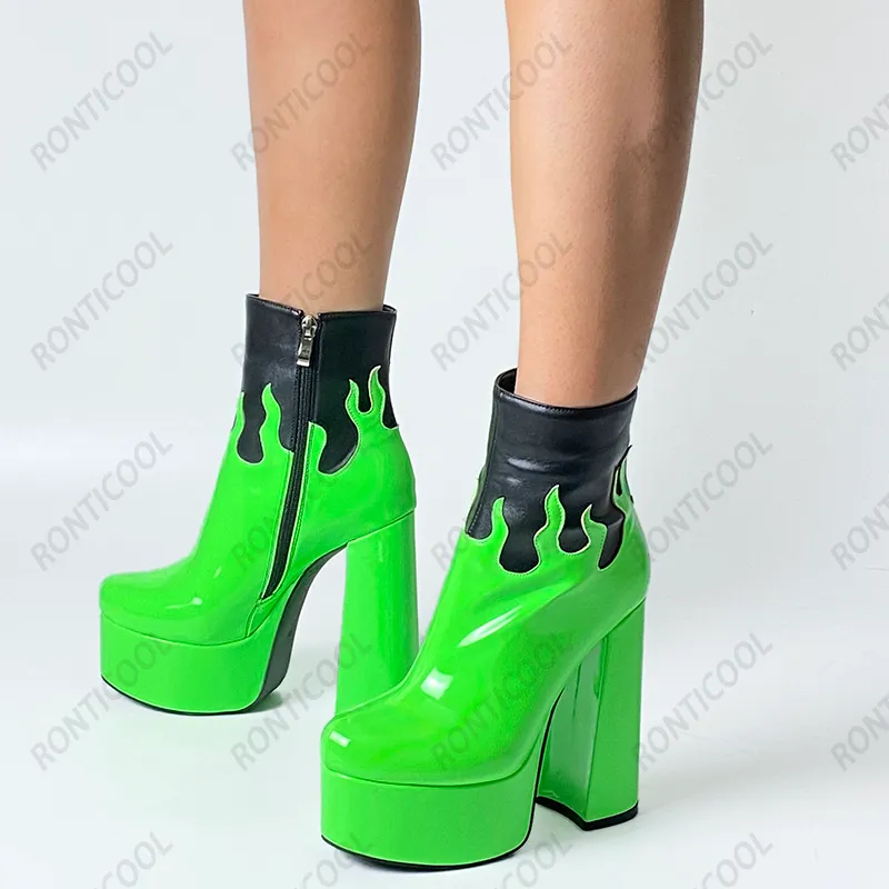 Rontic, novedad de 2021, botines de plataforma de invierno para mujer, tacones de bloque con cremallera lateral, punta redonda, zapatos de vestir verdes de Boutique, tallas de EE. UU. 5-15