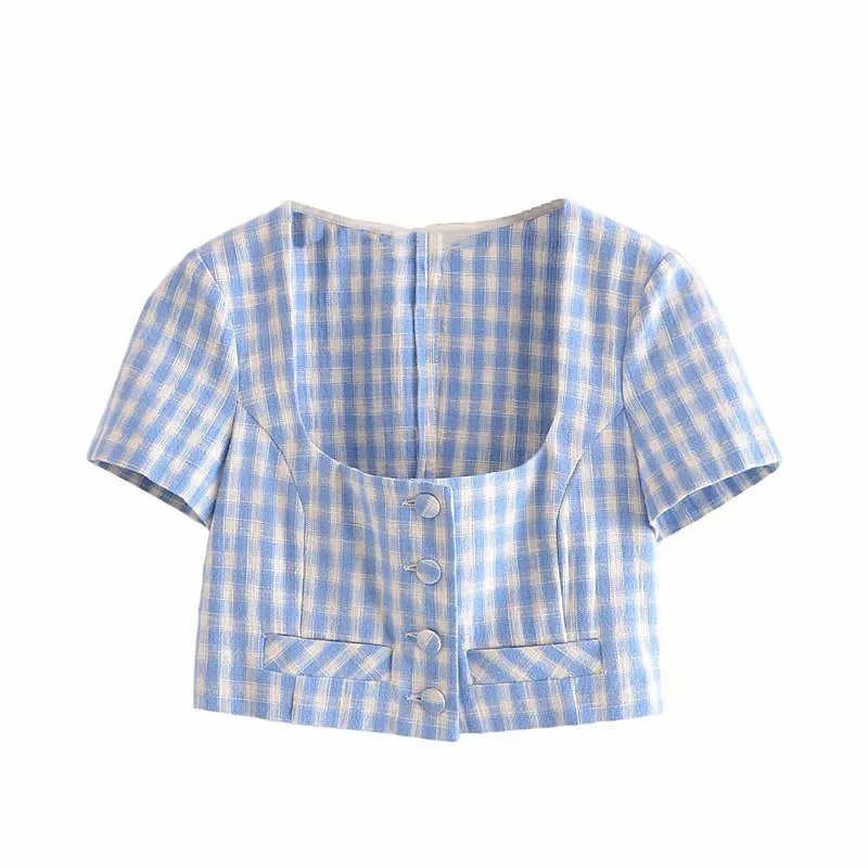 ZA Blue Gingham bijgesneden Shirt Dames Korte Mouw Vierkante Neck Vintage Zomer Top Vrouw Mode Button Up Plaid Blouse 210602