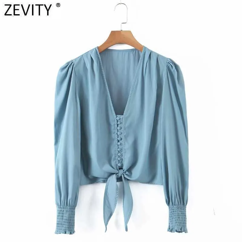 Zevity Women Vintage Vネックシングルブレストヘムナンキングショートシャツ女性パフスリーブブラウスRoupasシックな化学TOPS LS9092 210603