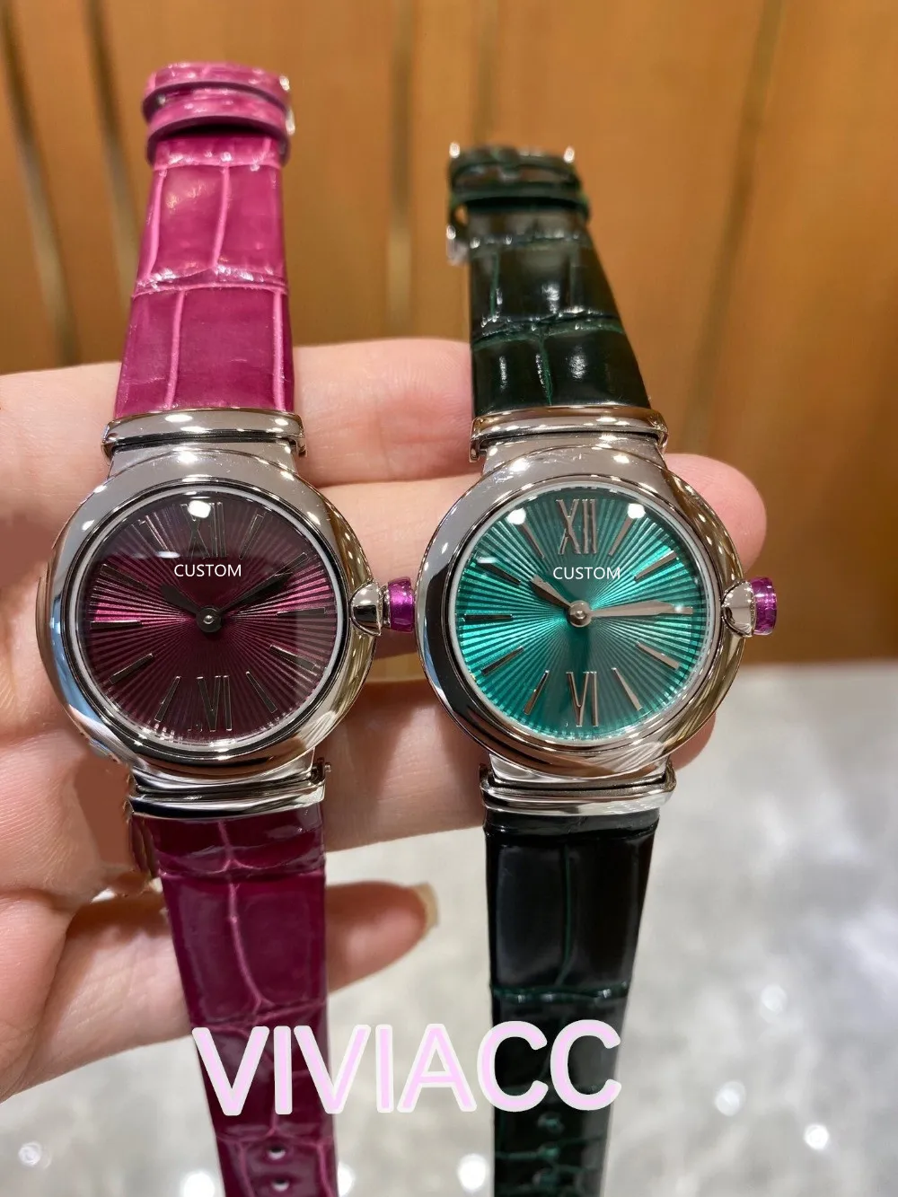 Fashion Classic geometric Quartz Women watch Sapphire Stainless Steel Bracelet female Silver green Rome dial purple Leather 28mm