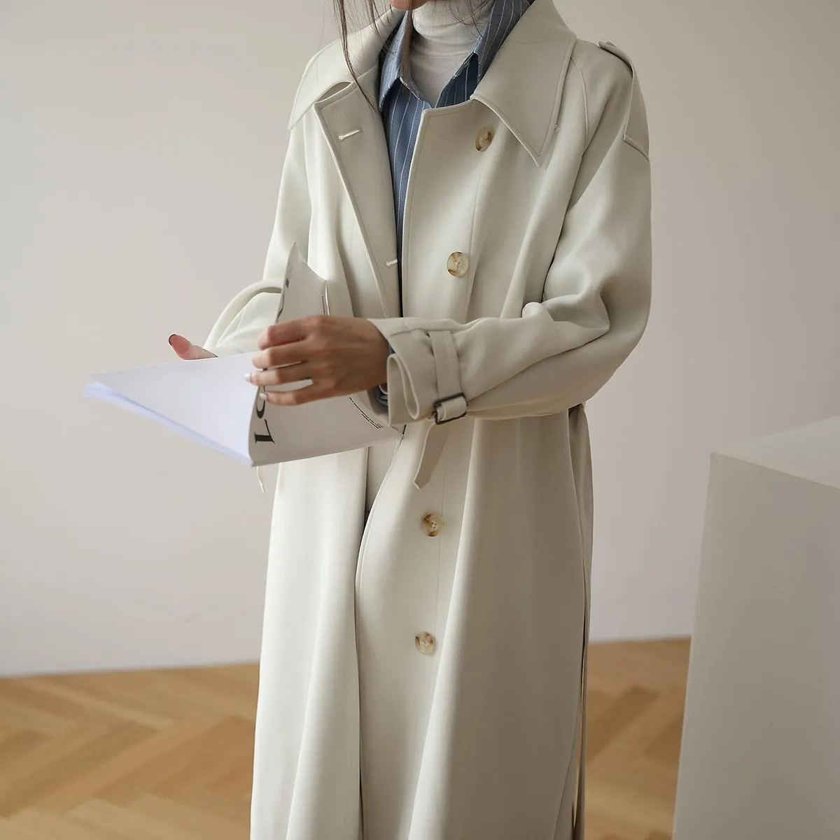 Wonder solid long coat korean office warm elegant belted vintage overcoats windbreaker casual coats outwears 210510