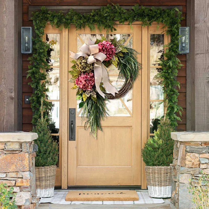 Wreaths & Garlands Farmhouse Pink Hydrangea Wreath Rustic Home Decor Artificial Garland for Front Door Wall Decor NEWEST Q0812