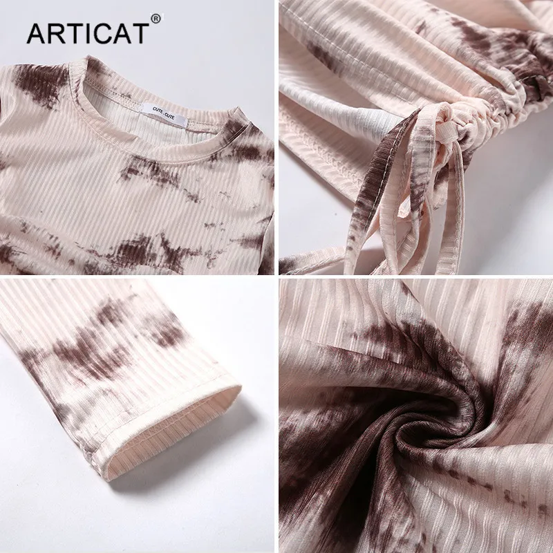 Articat Tie Dye Printed Ribbed T Shirt Women Long Sleeve Drawstring Bodycon Crop Tops Srping Ladies Skinny Clothes Streetwear Y0508