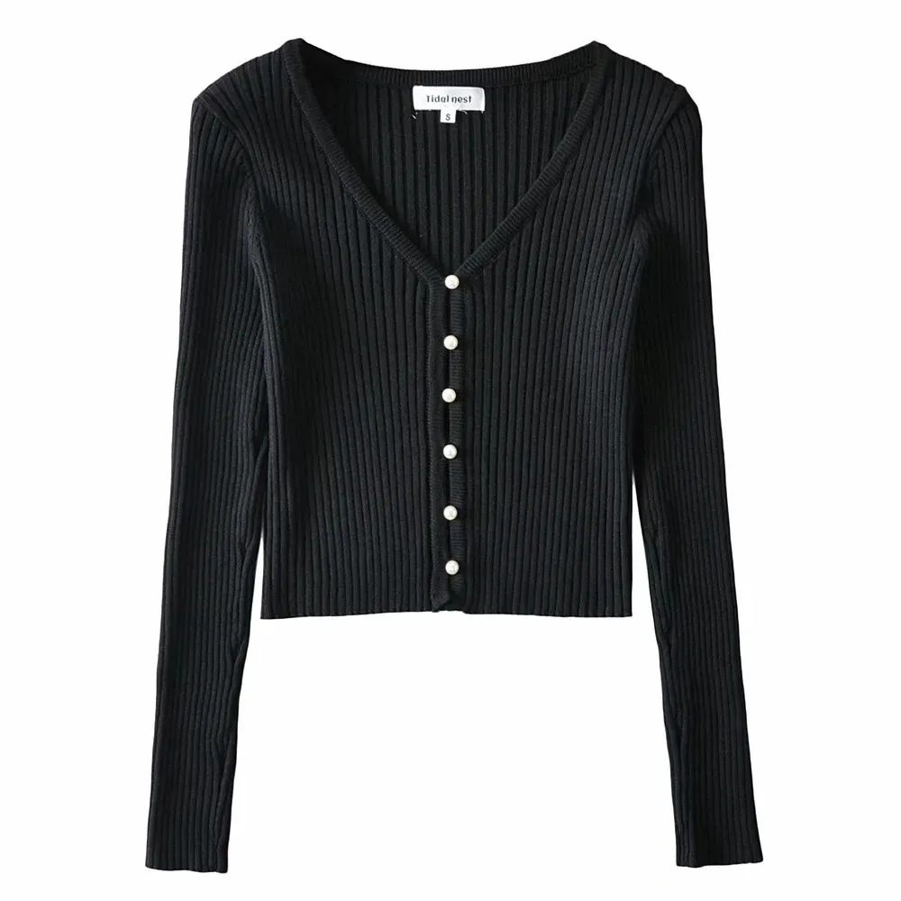 세련된 레트로 뜨개질 싱글 브레스트 진주 카디건 스웨터 여자 줄무늬 라인 V 목 긴 소매 점퍼 니트 니트 210429
