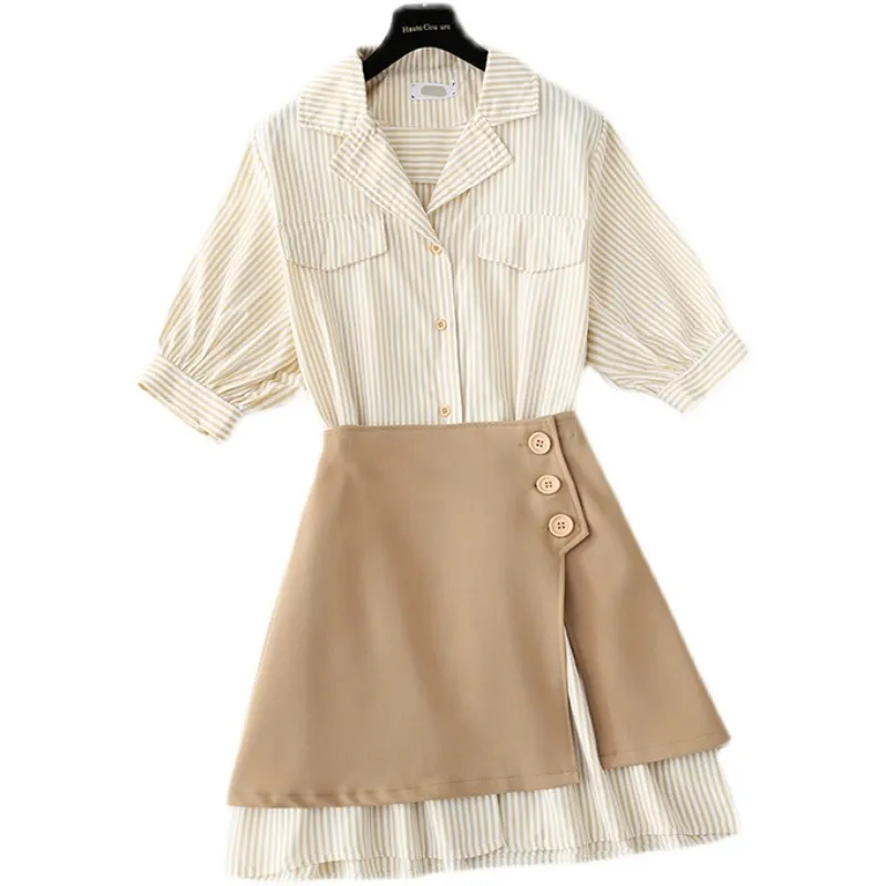 Kimutomo Chic Frauen Anzug Sommer Gestreiften Kurzarm Hemd Kleid Hepburn Stil Hohe Taille Rock Zweiteilige Elegante Sets 210521