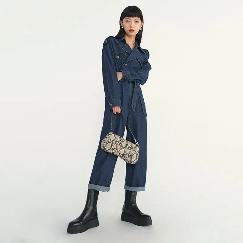 [EAM] losse fit vrouwen donkerblauw riem denim jumpsuit hoge taille zak stitch broek mode lente herfst 1DD5864 21512