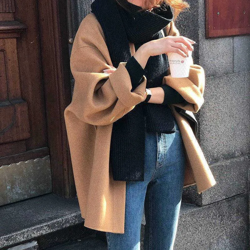 Herfst wollen vacht met één borsten vrouwen winter casual bovenkleding streetwear vrouwelijk Koreaanse kantoor dames slanke wollen jas 210619
