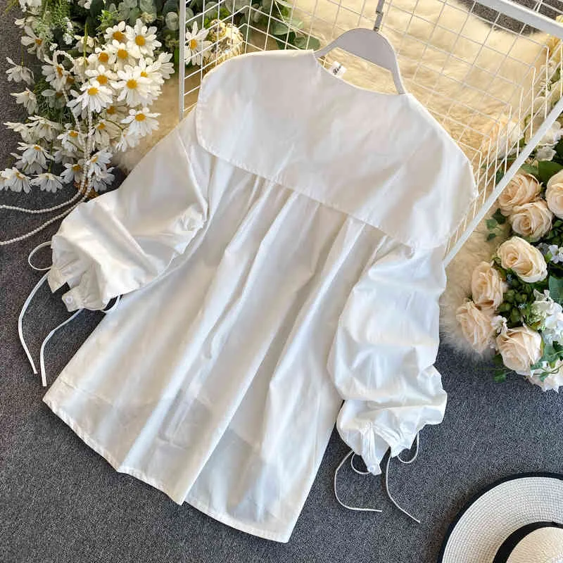 Primavera Coreana Solta camisa blusa design de nicho de nicho de nicho plissado manga folhada grande giro para baixo colar top ml768 210506