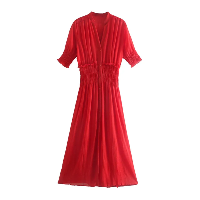 Mode Röd Ruffled Midi Dress Kvinnor Sommar V Neck Kortärmad Kvinna Es Lined Vestido Feminino 210430