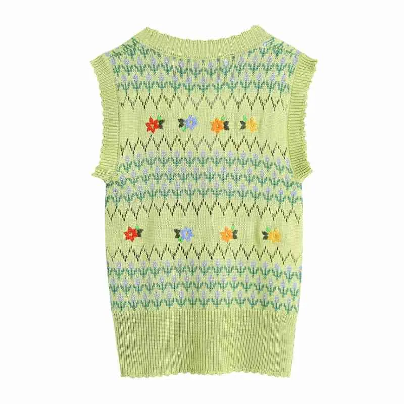 Kvinnor blomma broderi virka stickning kort sweater väst kvinnlig v nacke pullover casual lady slim toppar sw1216 210430