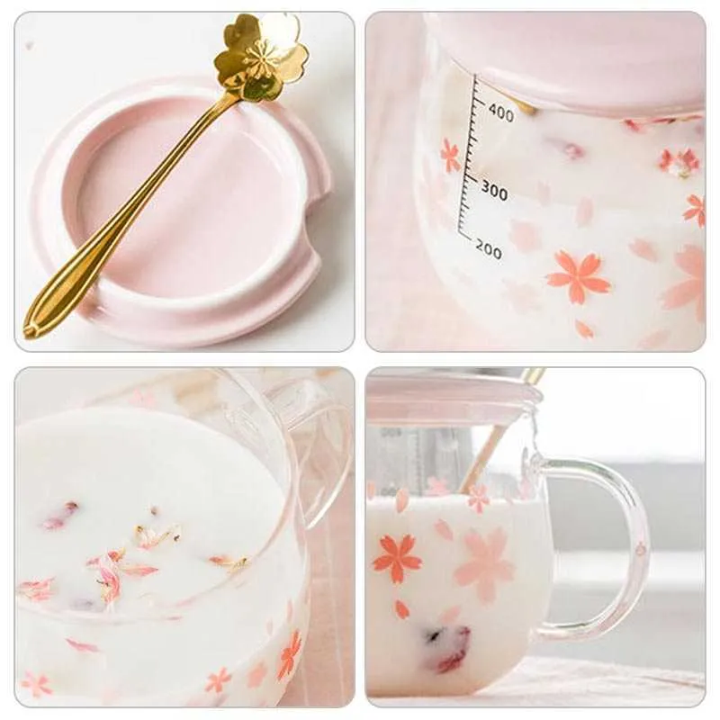 Japan-Stil Glasbecher niedlich rosa Kawaii Trinkgeschirr Milch Kaffee Wasser Tasse Küche Büro zarter Löffel mit Deckel Kirschblütenbecher 210804