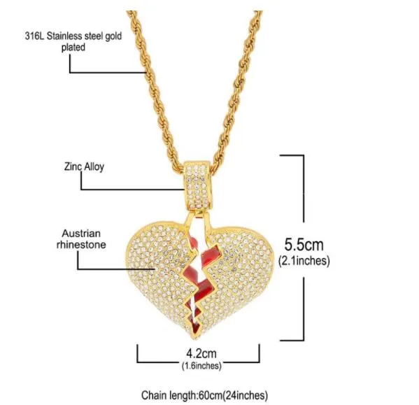 Broken Heart Iced out Pendant Necklace Men's Bling Crystal rhinestone Love charm Gold Silver ed chain For women Hip hop 234d