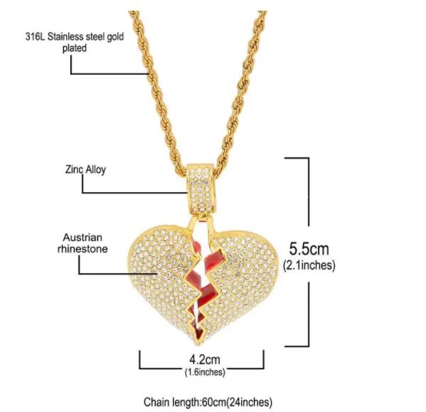 Gebroken Hart Iced out Hanger Ketting mannen Bling Crystal rhinestone Liefde charme Goud Zilver ed ketting Voor vrouwen Hip hop 283 T