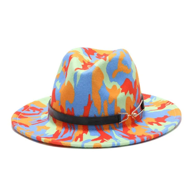 넓은 챙 모자 화려한 프린트 페도라 모자 봄 가을 밝은 색상 모직 재즈 남성 여성 느낌 넥타이 염색 양모 같은 파나마 255g