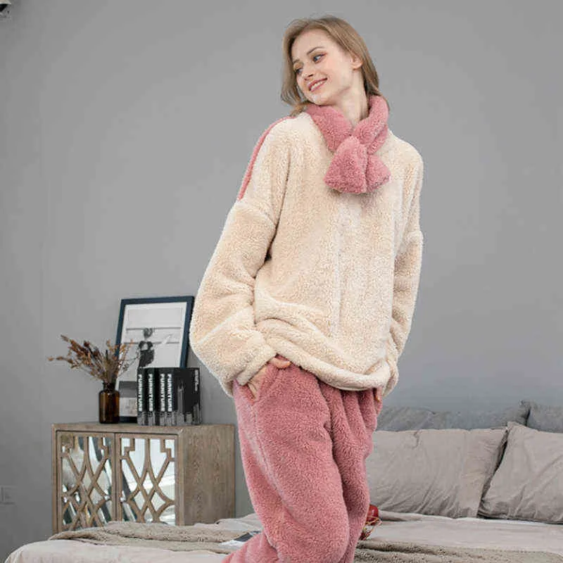 Pigiama in pile Set da donna Solid manica lunga invernale Terry Ladies Pijama Suit 2 pezzi con pantaloni spessi vestiti caldi la casa Donna 211215