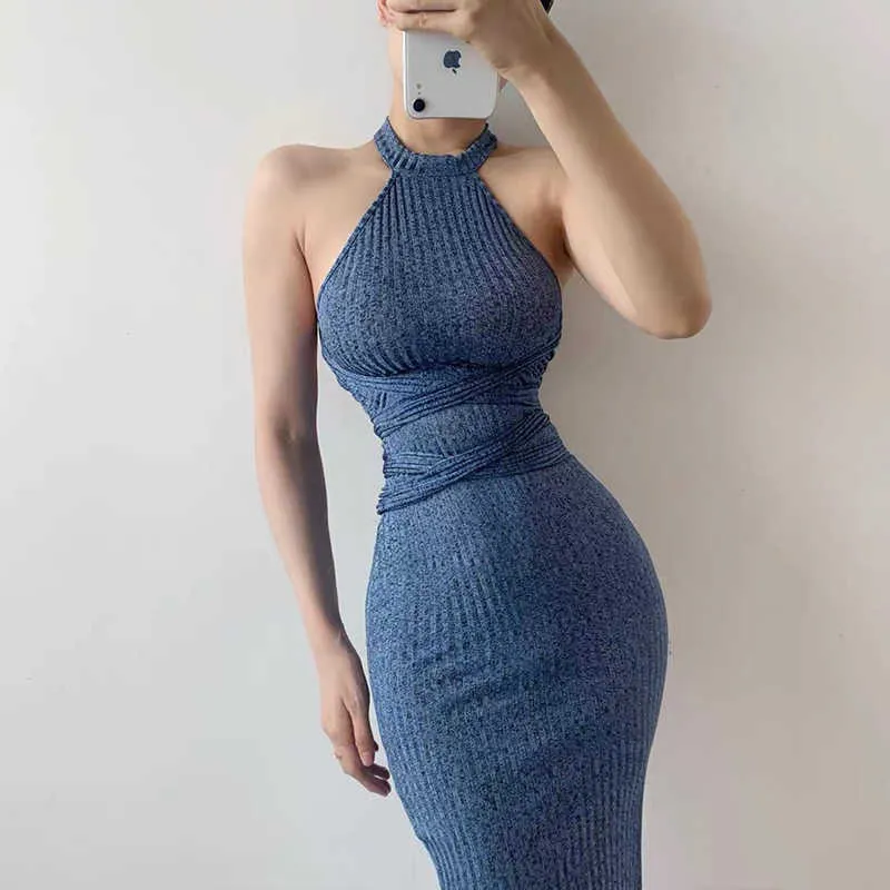 Vêtements d'été Sexy Bodycon Robe Club Tenues pour femmes Anniversaire Elegantes Prom es long es dos nu bleu 210604