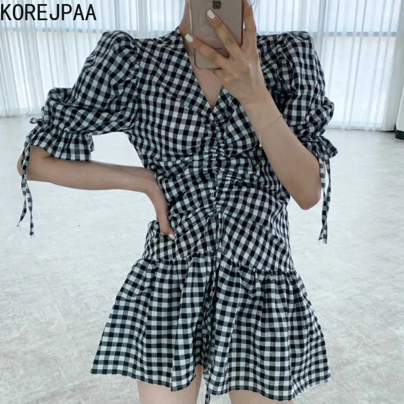 Korejpaa Kobiety Sukienka Koreańska Chic Lato Moda Elegancka Krawata V-Neck Z Plised Bubble Sleeve Sukienka Sukienka Spódnica Kobieta 210526