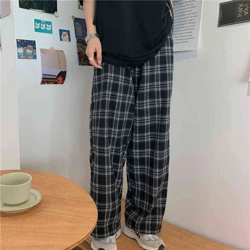 Lucyever Harajuku Plaid Pantalon Femmes Casual Oversize 3XL Lâche Large Jambe Pantalon Ins Rétro Adolescents Hip-Hop Unisexe Droite 211115