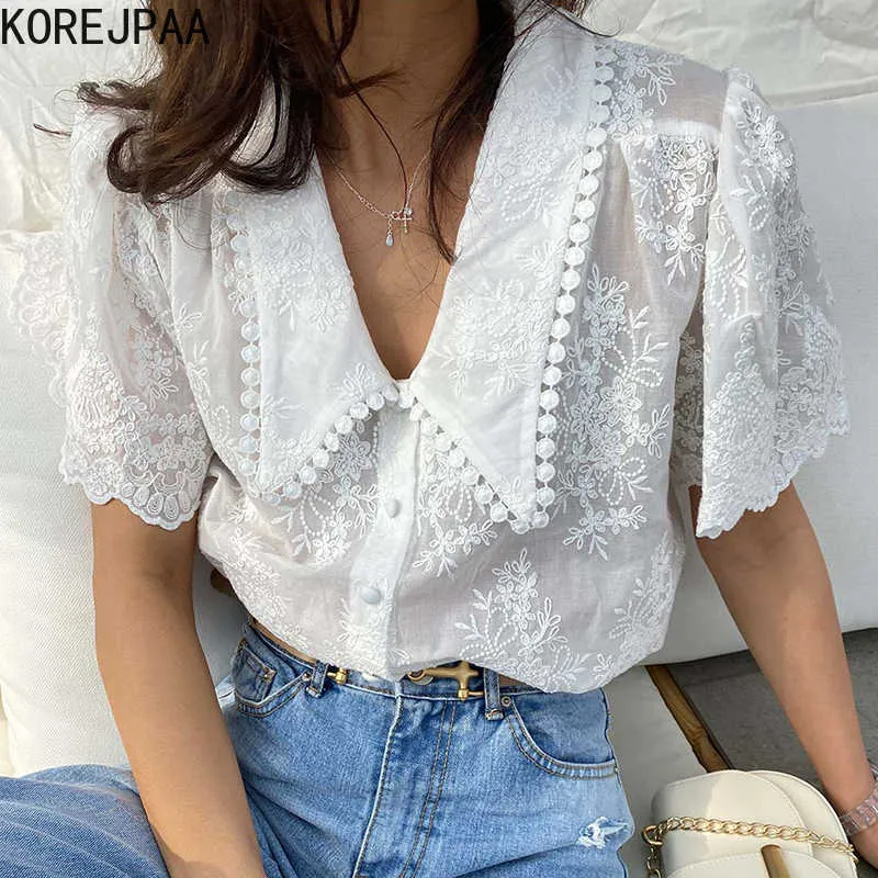 Korejpaa, camisa para mujer, moda de verano elegante coreana, Color sólido, cuello puntiagudo suave, encaje, blusa de manga de burbuja de ganchillo, Top 210526
