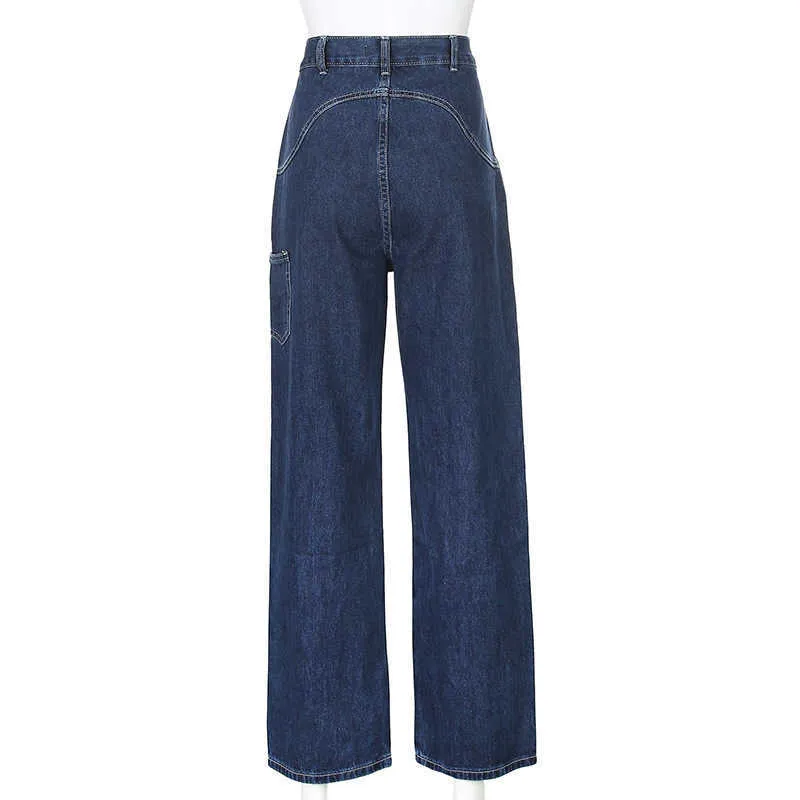 Retro Blue Woman Jeans Causal Losse Baggy Hoge Taille Skinny Pockets Cargo Broek Rits Button Wide Been Mujer Pantalones 210922