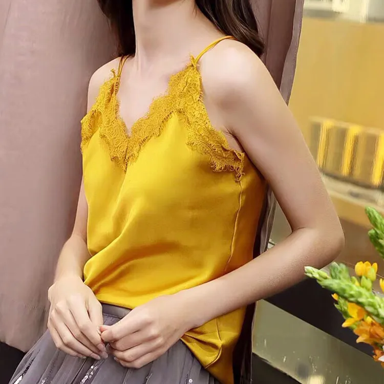 100% Silk Brand Fashion Women High Luxury Summer Elegant Slim Lace Stitch Silk Camis Tanktop 210326