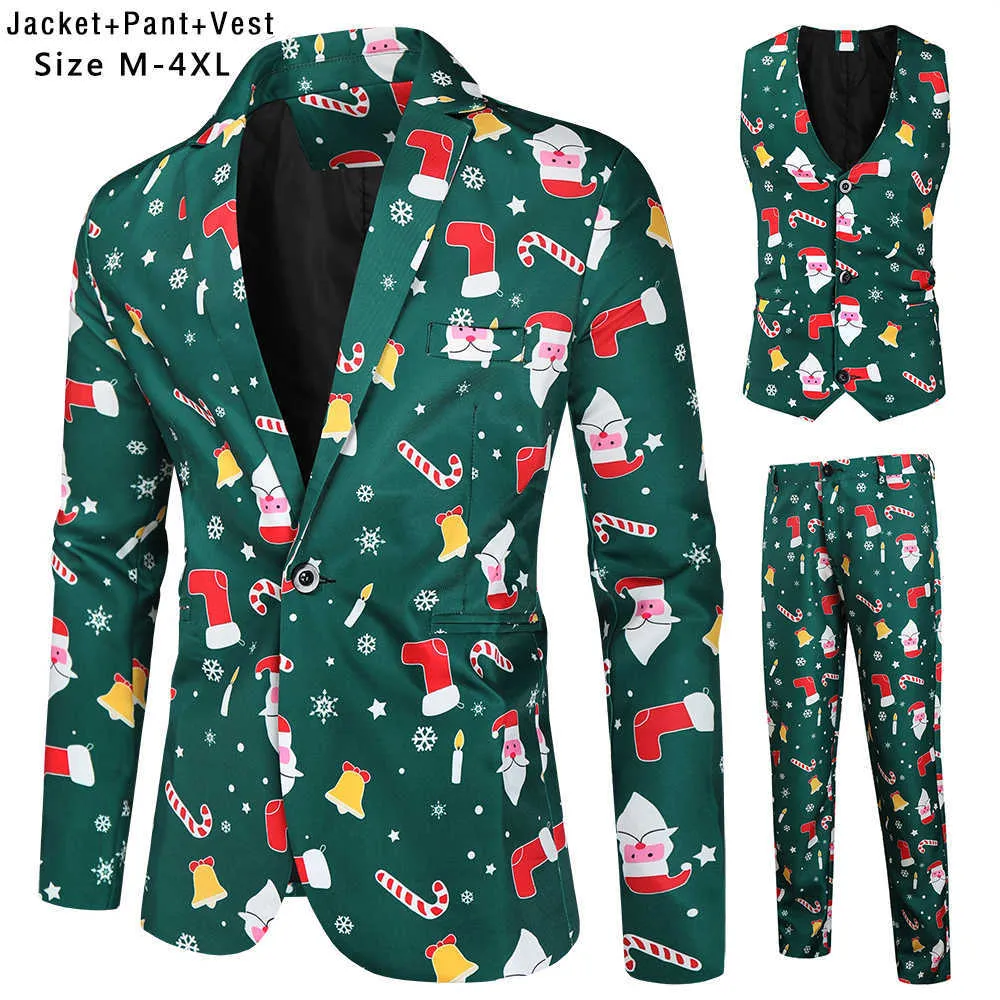 Santa Claus Printting Christmas Blazer Vest Pants Fashion One Breasted Slim Mens Striped Suit Set Terno Masculino M-4XL X0909