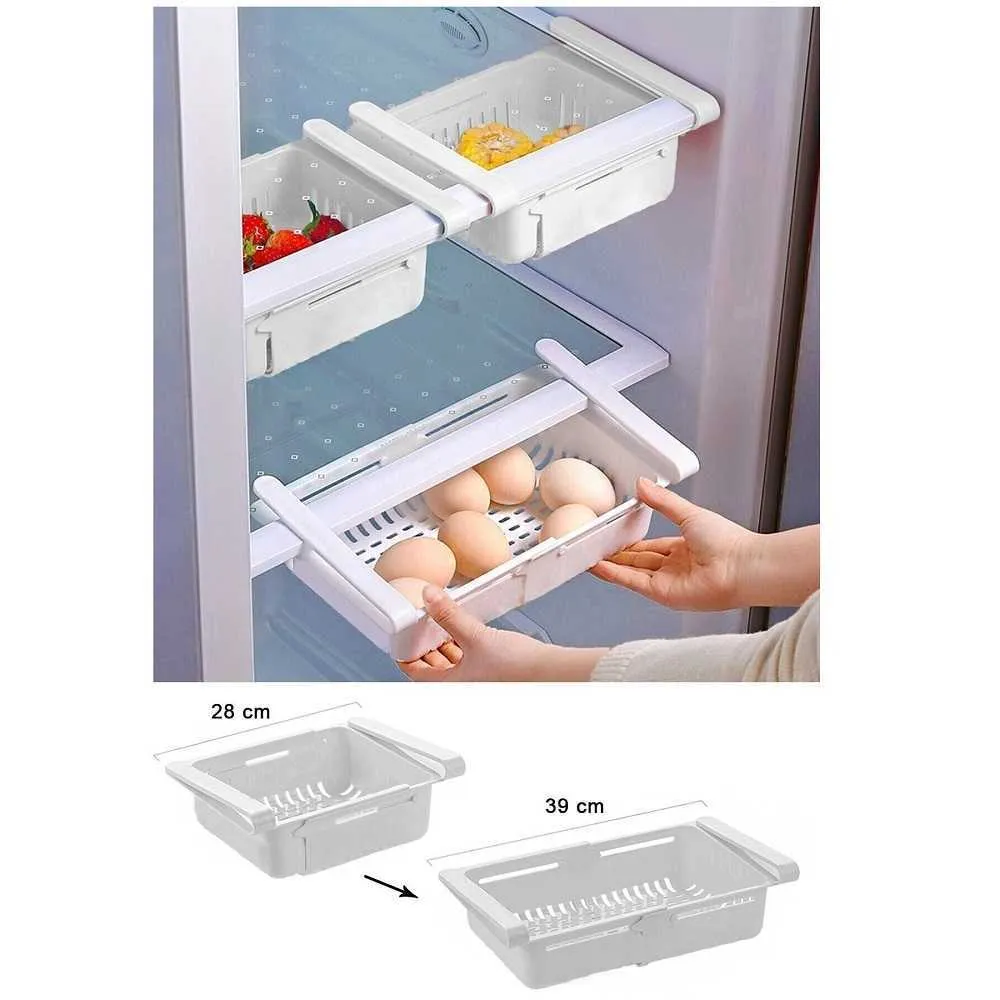 Küchenkühlschrank Organizer Korbbehälter Schichtverstellbarer Aufbewahrungsbox Einziehbarer Schubladen Space Sparer Rutschkühlschrank X02476692