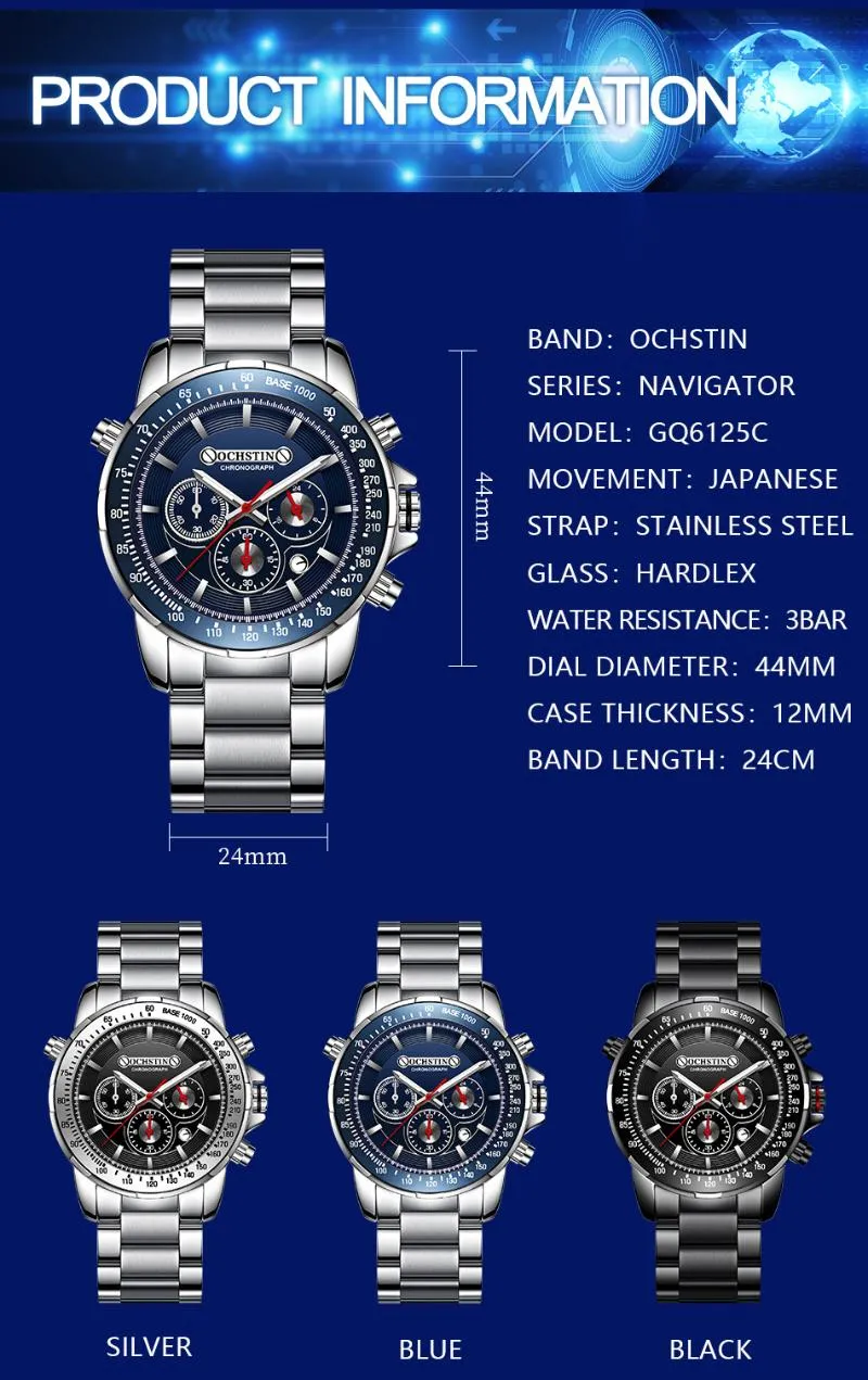 Armbandsur Ochstin man armbandsur kronograf sport män tittar på militär armé topp blå gummiband klassisk manlig klocka gåva 6125260e