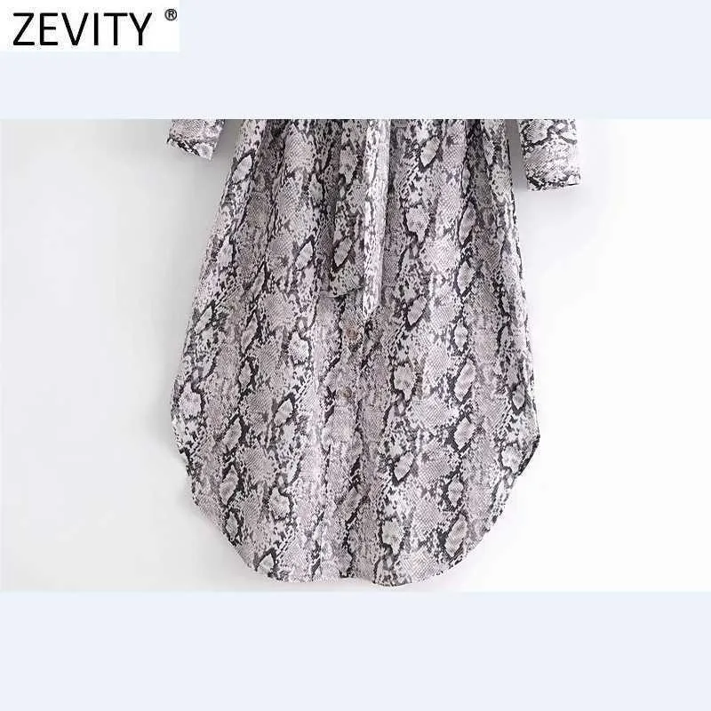 Zevity Women Sexy Snake Skin Print Bow Tied Sashes Midi Dress Office Lady Long Sleeve Casual Business A Line Vestido DS4771 210603