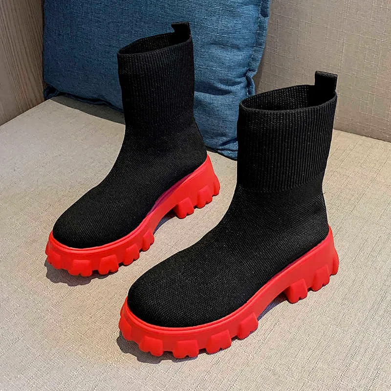 Осень-зима 2021, новые носки для пар, женская обувь на толстой подошве, повседневные большие размеры, красные вязаные короткие сапоги в сетку, женские botas de mujer H1009