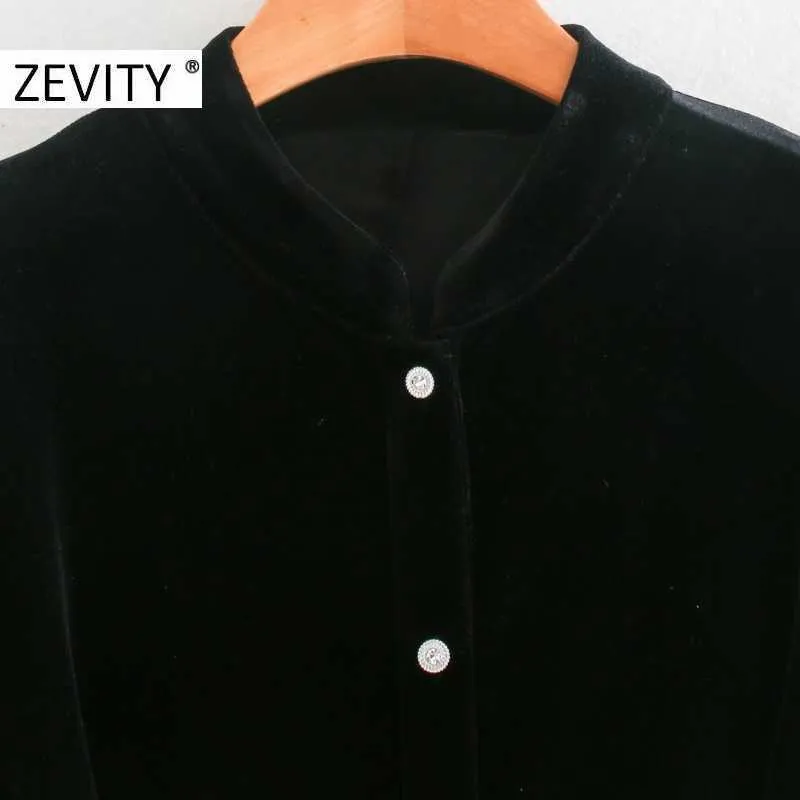 Zevity Autumn Women Vintage Stand Collar Black Velvet Shirt Dress Ladies Chic Long Sleeve Bow Tied Sashes A line Vestido DS4568 210603