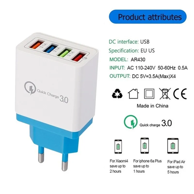 4 Port Szybki ładunek 3.0 Szybka mobilna UE / US Plug Wall Wall Adapter ładowarki USB dla inteligentnych urządzeń 5 kolorów