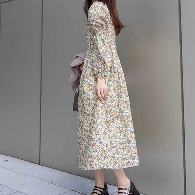 Japan Stil Schlanke Taille Kleider Stehen Neck Chic Blumendruck Design Frau Kleid Elegante Temperament Einreiher Vestidos 210525