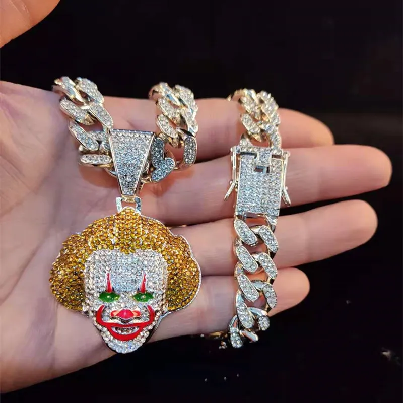 Men Women Hip Hop Movie Clown Pendant Necklace with 13mm Miami Cuban Chain Iced Out Bling HipHop Necklaces Male Charm Jewelry5923979