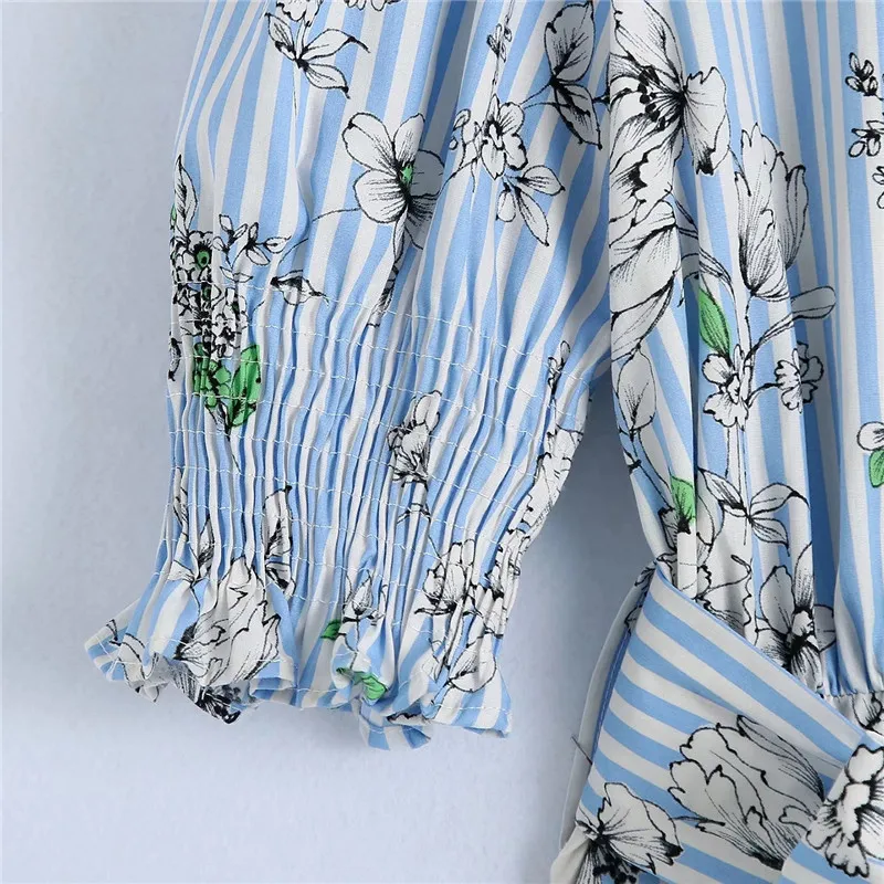 Jurk Blue Floral Print Lange Shirt Dames Zomer CottageCore Short Puff Sleeve Vrouw ES Casual ES 210519