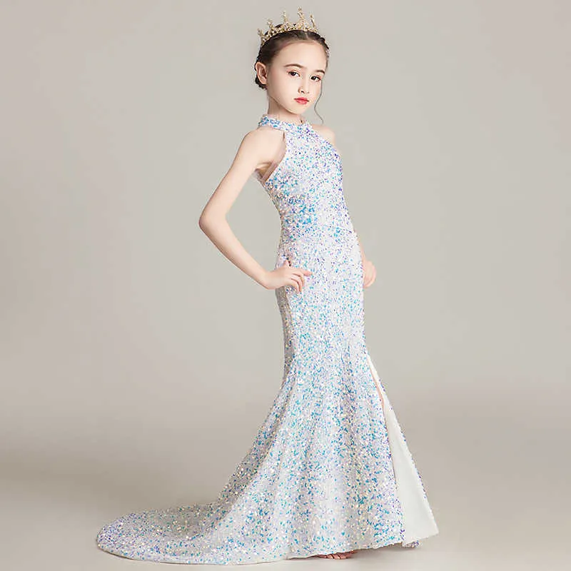 Robe de soirée pour filles enfants robes élégantes robes de fête d'anniversaire pour adolescents sexy multicolore paillettes graduation performance robe de queue Q0716