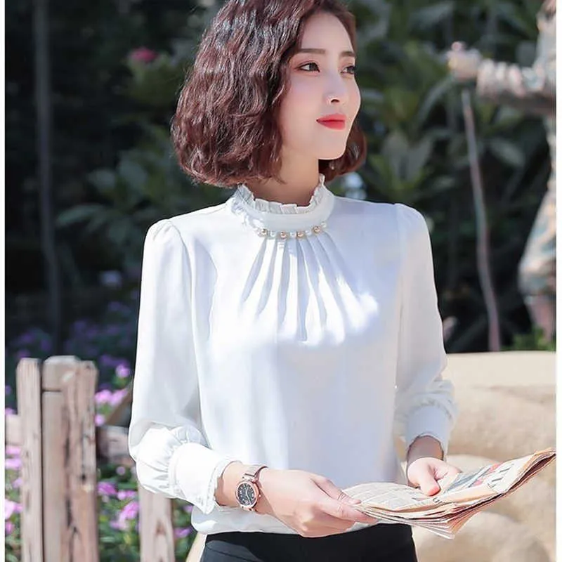 Koreaanse Mode Zijde Vrouwen Blouses Kralen Satijn Lange Mouwen Plus Size XXL Blusas Femininas Elegante Dames Tops 210531