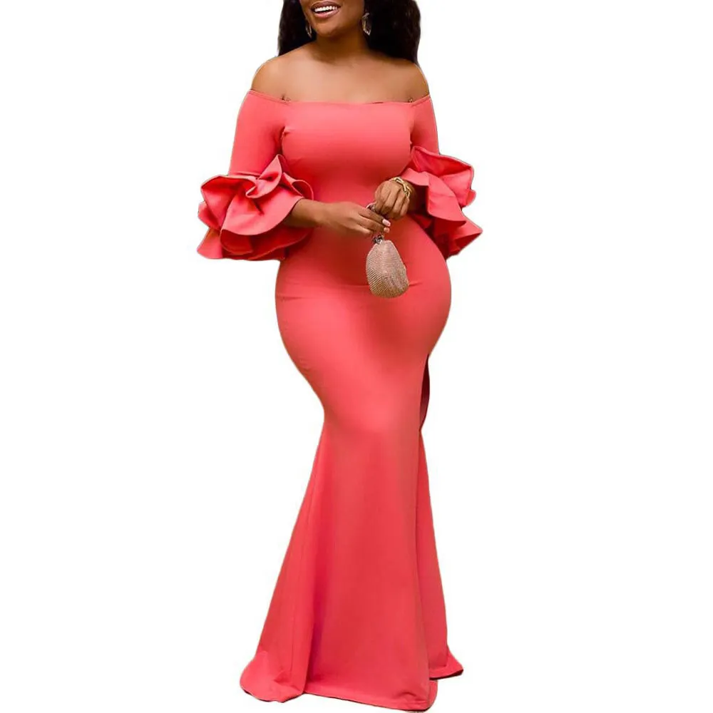 Africain Ladies Party Long Robe Blanc Slash Coufles Ruffles Bodycon Sirène Longueur du sol Elegant Evenant Night Vestidos 210510