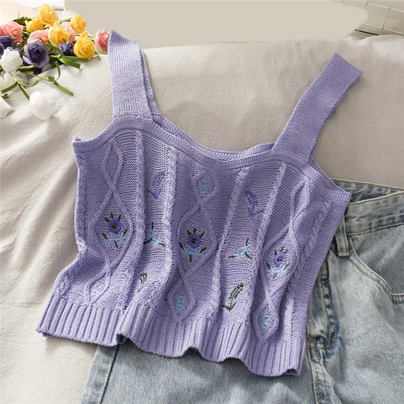 Pearl Diary Femmes Tricoté Crop Camis Top Dames Floral Broderie Tricoté Gilet Court Pull D'été Vintage Tank Crop Camis Top Y0622