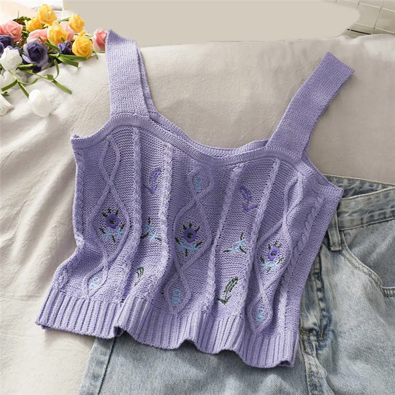 Pearl Diary Women Knitted Crop Camis Top Ladies Floral Embroidery Knitted Short Vest Summer Sweater Vintage Tank Crop Camis Top Y0622