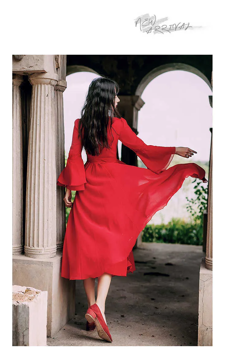 ヨシミ秋赤いドレスマキシエレガントなシフォンロングレディーススタンドネックフィット＆フレアミッドカーフバタフライスリーブ210604