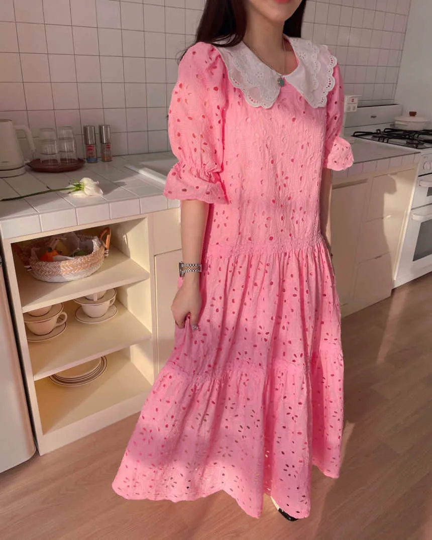 한국어 세련된 무거운 산업 인형 칼라 중공 핑크 레이스 드레스 여성 퍼프 슬리브 러블 패치 워크 히트 컬러 느슨한 레트로 210610