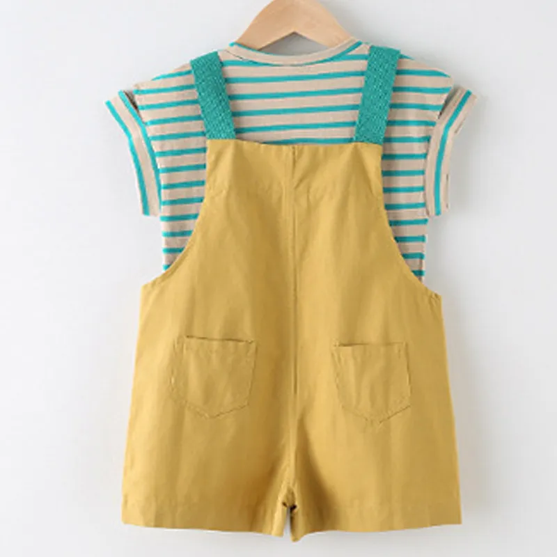 Summer Girl Clothes Set Fashion Short-sleeve Striped Printed T-shirt + Suspender Shorts Casual Toddler Children 210515