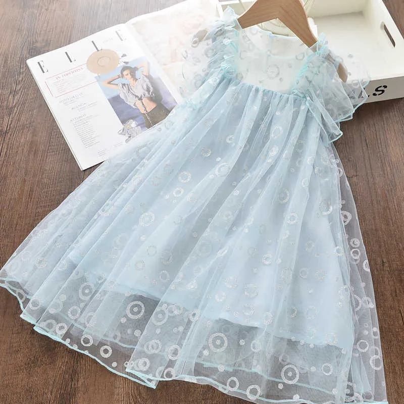 Girl Dress Summer Kid Sequin Circle Print Princess Gown Fly Sleeve Ruffle Party Mesh Children Dresses 210528