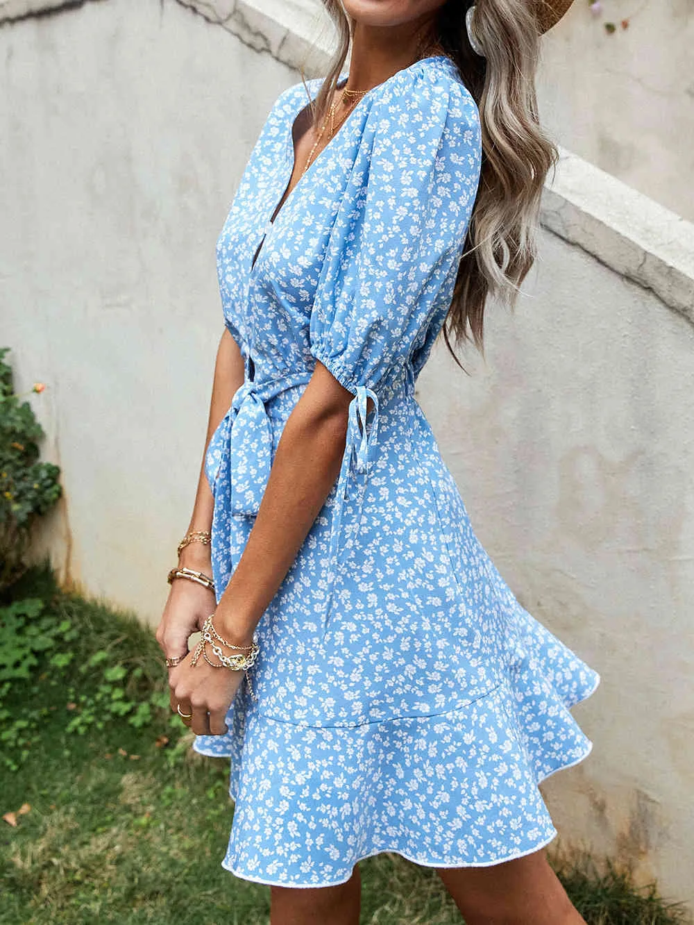 A-ligne Floral Print Blue Femmes Robes Summer Sundress Beach Boho Mini Robe Casual Bouton Lâche Up Robes de Mujer Oversize 210427