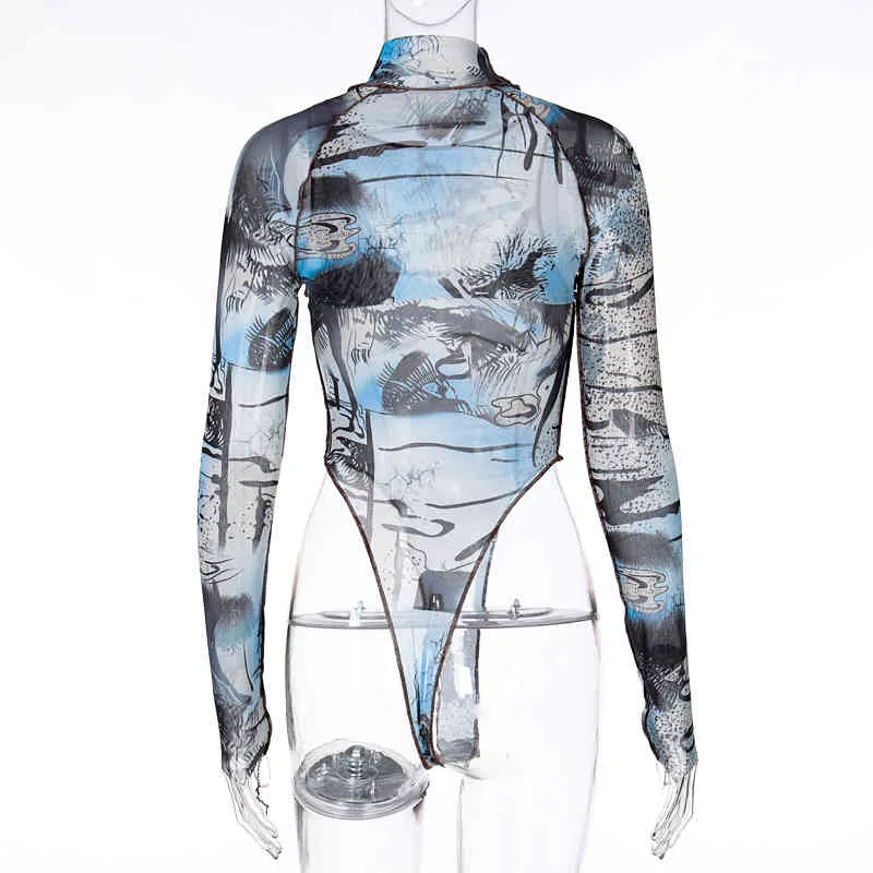Women Sets Sexy Mesh See Through Bodysuits Printed Casual Bodycon Rompers + Long Sleeve Turtleneck Tops Summer 210517